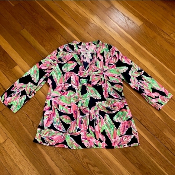 LILLY PULITZER Blouse Pull Over Navy Pink Green Floral Women's XS Designer EUC - Picture 5 of 13